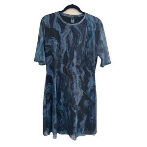 DESIGUAL XL Blue Swirl Sheer Mesh Dress Raw Hem Short Sleeve Artsy #7075